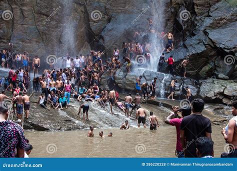 Kolli Hills, Tamil Nadu, India - July 16 2023: Crowd of People Enjoy Bathing in the Agaya Gangai ...