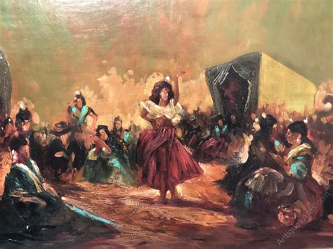 Antiques Atlas - Oil Painting Gypsy Camp Women Dancing 1970's