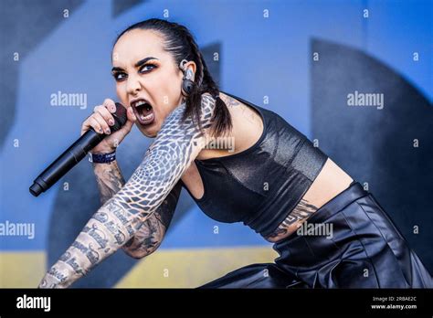 Ukrainian vocalist Tatiana Shmayluk of the band Jinjer performing live ...