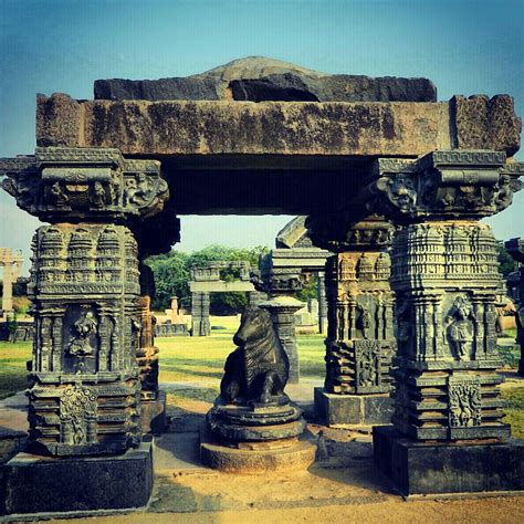 Pillared 'Mandapa' with a Nandi bull in the ruins of the Warangal Fort ...