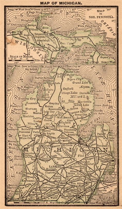 an old map of michigan showing the roads and major cities in each country, from 1876