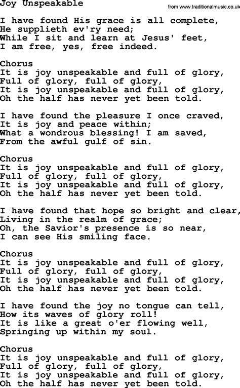 Baptist Hymnal, Christian Song: Joy Unspeakable- lyrics with PDF for printing