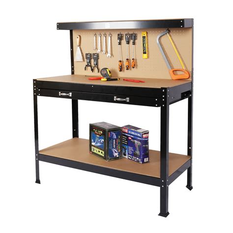 Work Bench with Storage Drawer, Steel Tool Workbench with Peg Board and Shelf, Multipurpose Tool ...