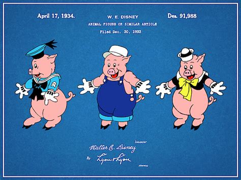 1934 Walt Disney Three Little Pigs Colorized Blueprint Patent Print ...