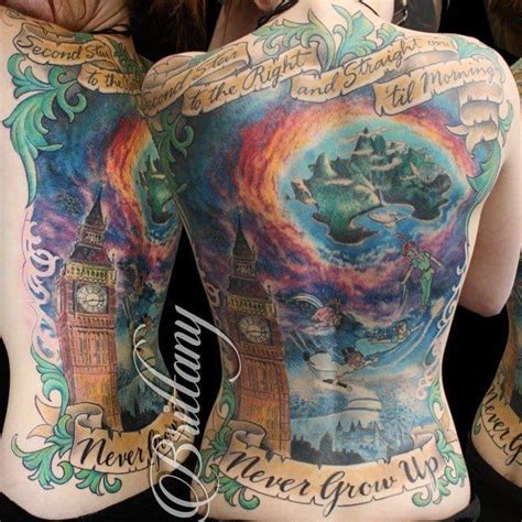 the back of a woman's body with tattoos on it, and an image of a clock ...