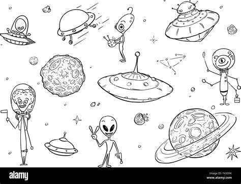 Set of cartoon vector drawings of friendly cartoon alien characters ...