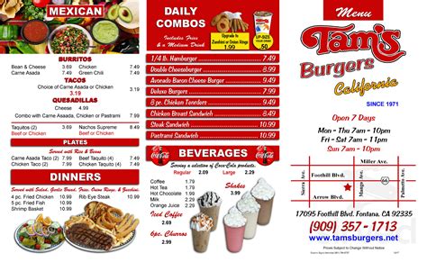 Tam's Burgers menus in Rancho Cucamonga, California, United States