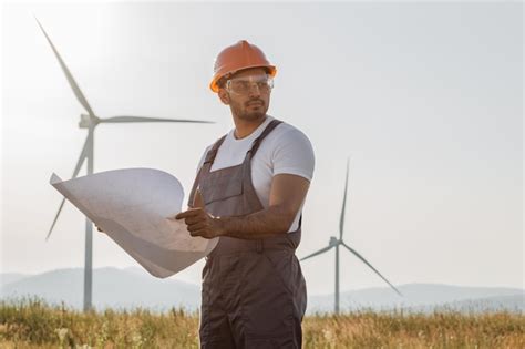 Premium Photo | Technician standing of windmill farm with blueprints