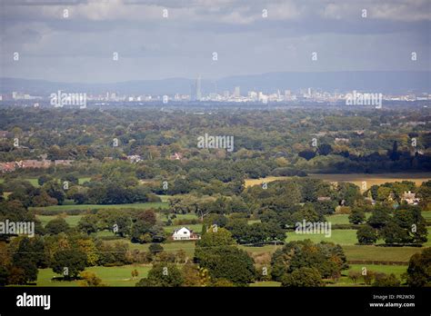 Alderley Edge, Cheshire, View from the Edge looking across the flat plain to manchester city ...