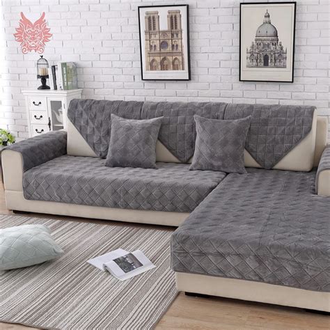 Grey pink plaid quilted plush sectional sofa cover slipcovers furniture ...