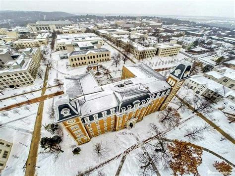 Snow covered Old Main on the University of Arkansas Fayetteville campus ...