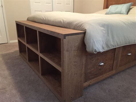 Farmhouse Bed with Storage and Bookshelf footboard | Farmhouse bedding, Diy bed frame, Bed storage