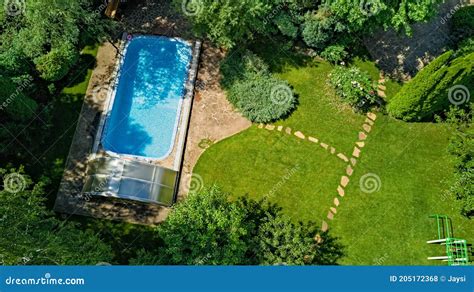 Swimming Pool in Beautiful Garden Aerial Top View Stock Photo - Image ...