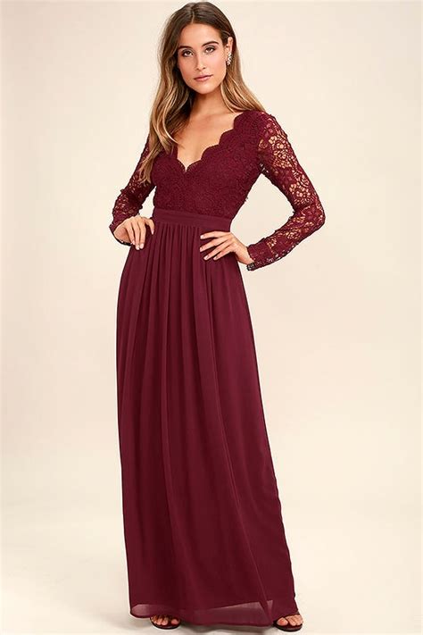 Lovely Burgundy Dress - Maxi Dress - Lace Dress - Long Sleeve Dress - $84.00