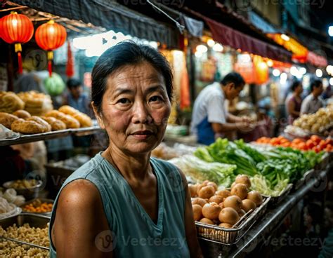 photo of senior old seller woman in china local street market at night, generative AI 34920521 ...