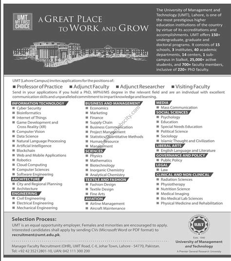 University of Management & Technology UMT Jobs April 2021