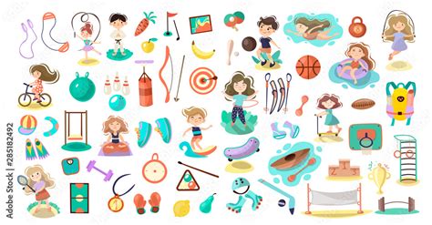 Kids doing sport games, vector cartoon illustration. Playing, jumping ...