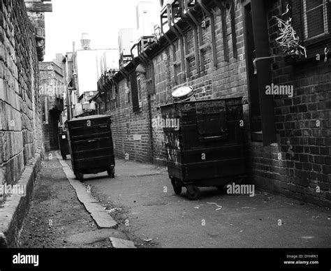 Monochrome image - Urban street scene showing wheelie refuse bins near historic Town Wall ...