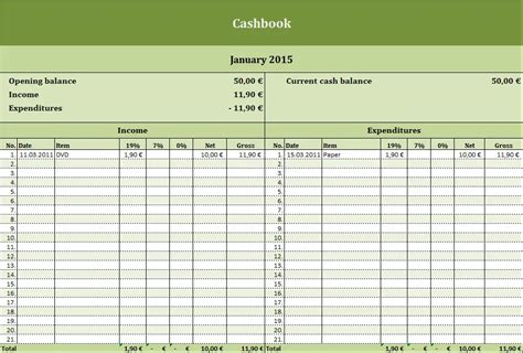 Free cashbook as Excel template