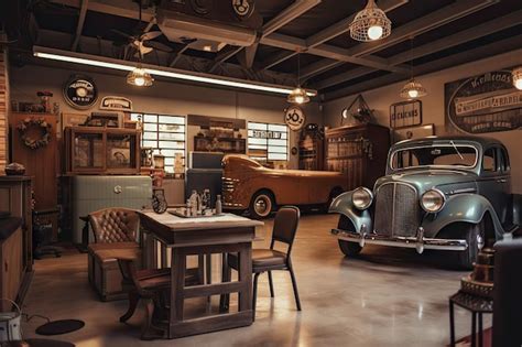 Premium AI Image | Old garage with vintage cars and classic decor in ...