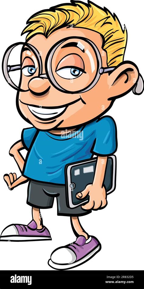 Cartoon nerd with glasses holding a tablet computer. Isolated Stock ...