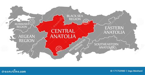 Central Anatolia Red Highlighted in Map of Turkey Stock Illustration ...