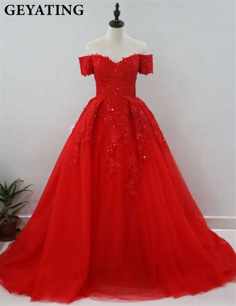 Red Puffy Ball Gown Arabic Evening Dress Off Shoulder Lace Appliques ...