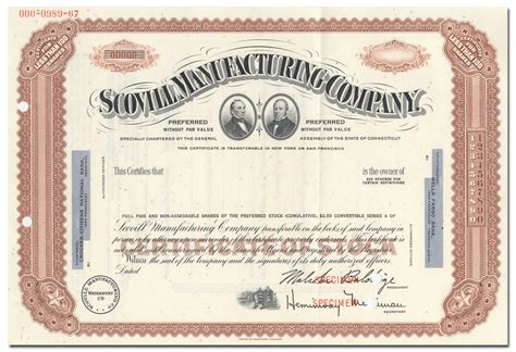 Scovill Manufacturing Co. Stock Certificate - Ghosts of Wall Street