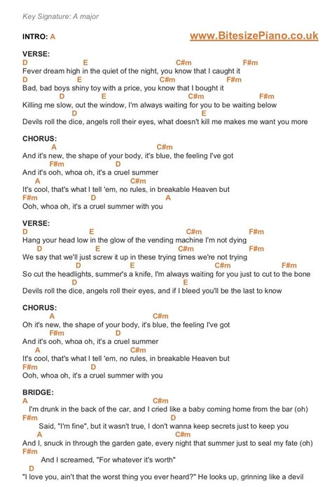 Piano chords and lyrics for Cruel Summer by Taylor Swift. Includes piano tutorial - click for ...