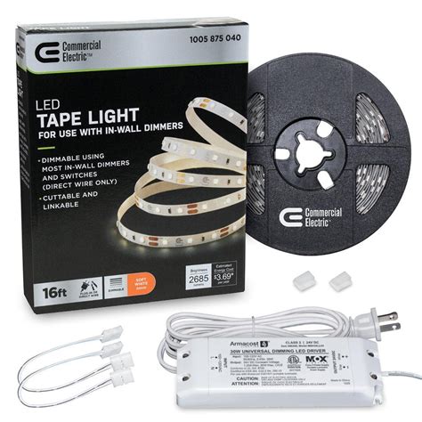 Commercial Electric 16 ft. LED AC Dimmable White Tape Light Kit Under ...