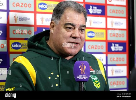 Australian head coach Mal Meninga being interviewed before the Rugby ...