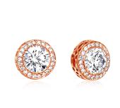 Bezel Set Diamond Earrings with Halo in Rose Gold | Bezel set diamond earrings, Bezel set ...