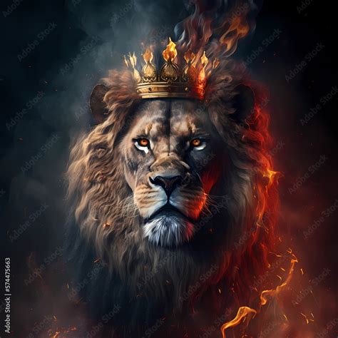 portrait of a brave lion with big hair and crown Stock Illustration | Adobe Stock