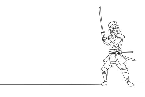 One continuous line drawing of young bravery samurai shogun wearing mask ready to attack at ...