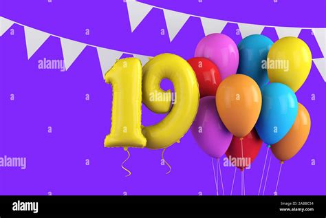 Happy 19th birthday colorful party balloons and bunting. 3D Render Stock Photo - Alamy