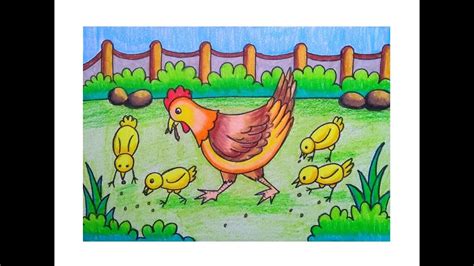 HOW TO DRAW SCENERY DRAWING OF HEN AND CHICKS | HEN AND CHICKS DRAWING ...