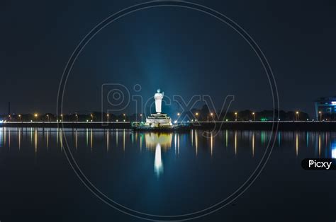 Image of Night view of Buddha Statue in Tank Bund, Hussain Sagar Lake, Hyderabad-FV359223-Picxy