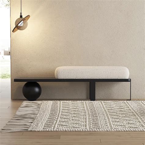 White & Black Wooden Entryway Bench Boucle Upholstered with Abstract Metal Legs Hallway ...