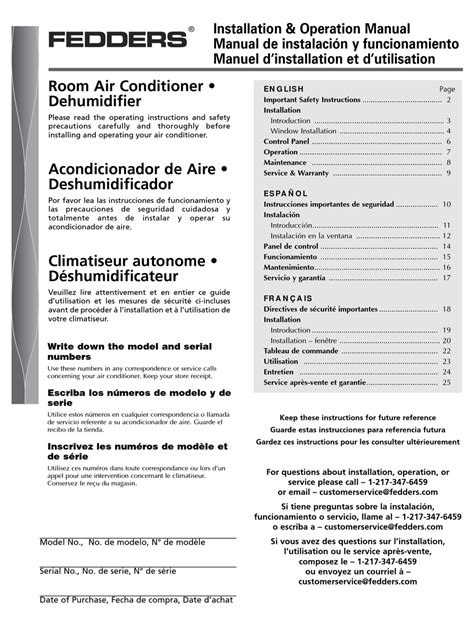 FEDDERS PORTABLE DEHUMIDIFIER INSTALLATION AND OPERATION MANUAL Pdf ...