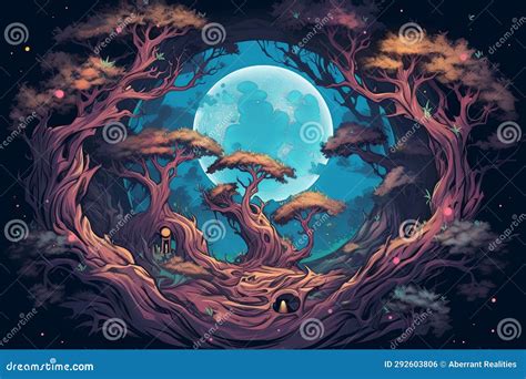 An Illustration of a Forest at Night with a Full Moon in the Background Stock Illustration ...