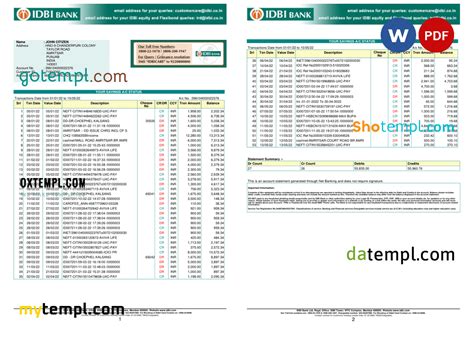 India IDBI bank statement, Word and PDF template, 2 pages - GOTEMPL ...