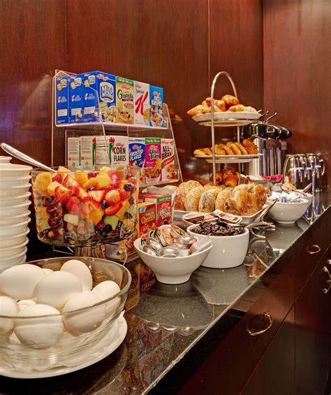 The Library hotel's complimentary continental breakfast buffet: hard boiled eggs, yogurts ...