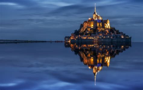 Download Night Reflection Monastery France Religious Mont Saint- Michel HD Wallpaper