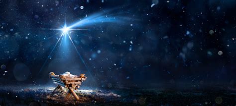 Nativity Scene Birth Of Jesus Christ With Manger In Snowy Night And Starry Sky Abstract ...