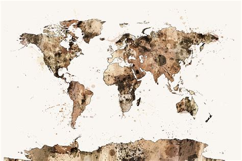 Map of the World Map Sepia Watercolor Digital Art by Michael Tompsett