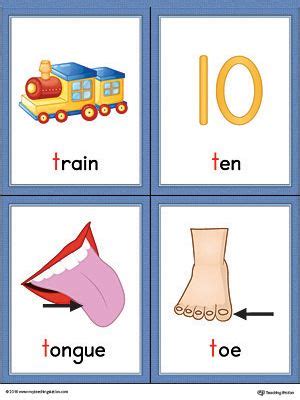 Letter T Words and Pictures Printable Cards: Train, Ten, Tongue, Toe (Color) | Letter t words ...