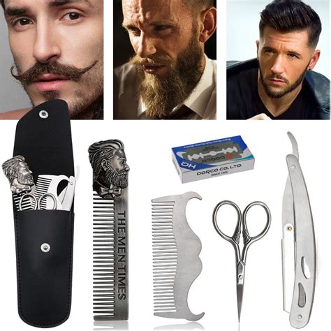 6Pcs/Set Beard Grooming & Trimming Kit Razor Comb Scissors Mustache ...