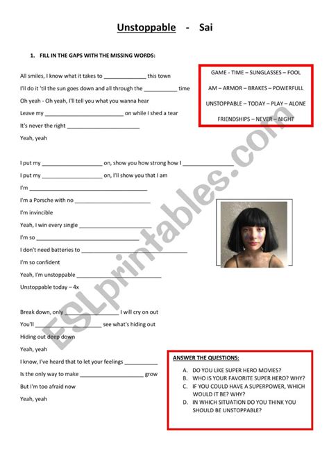 UNSTOPPABLE - SIA - ESL worksheet by teacherjosiane