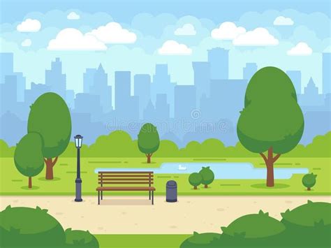 a park with a bench and trees in the foreground, along with a cityscape