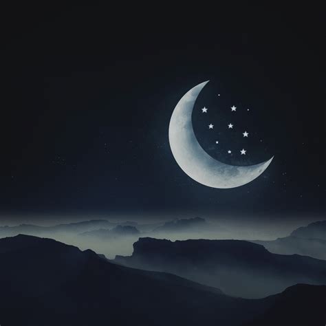 Half moon Wallpaper 4K, Stars, Mountains, Night, Cold